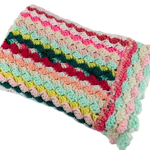 Candy Land Crochet Blanket Afghan Stacking Shells Border Stripes 40"x31" Baby - Picture 1 of 7
